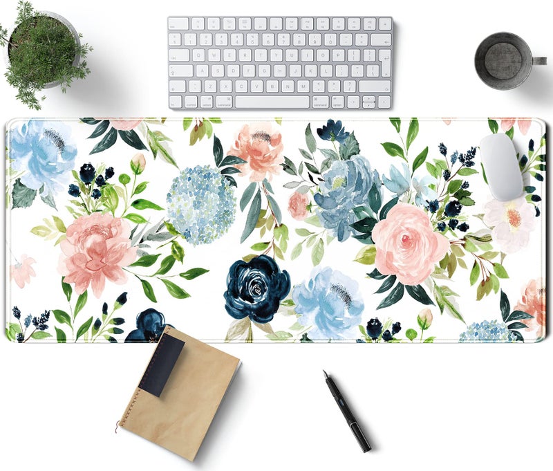 TENG DA QING Gaming Green Desk Mat Desk Mouse Pads Purple Blue Pink Floral Mouse Pad Large, XL Big Computer Keyboard Mouse Mat Desk Pad Mat with Stitched Edge for Women Home Office Decor Deskmat 31.5x11.8 in - Image 1