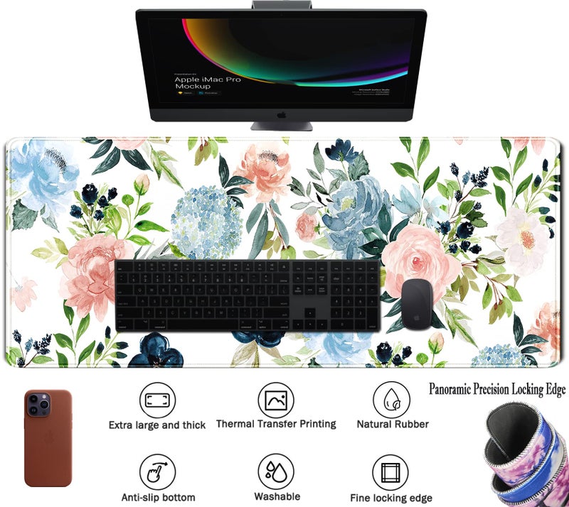 TENG DA QING Gaming Green Desk Mat Desk Mouse Pads Purple Blue Pink Floral Mouse Pad Large, XL Big Computer Keyboard Mouse Mat Desk Pad Mat with Stitched Edge for Women Home Office Decor Deskmat 31.5x11.8 in - Image 3