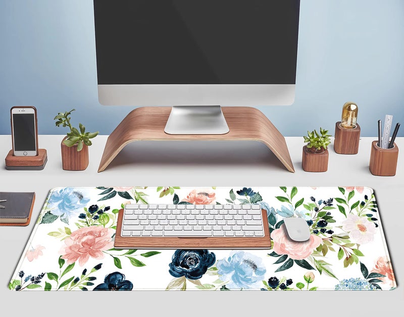 TENG DA QING Gaming Green Desk Mat Desk Mouse Pads Purple Blue Pink Floral Mouse Pad Large, XL Big Computer Keyboard Mouse Mat Desk Pad Mat with Stitched Edge for Women Home Office Decor Deskmat 31.5x11.8 in - Image 5
