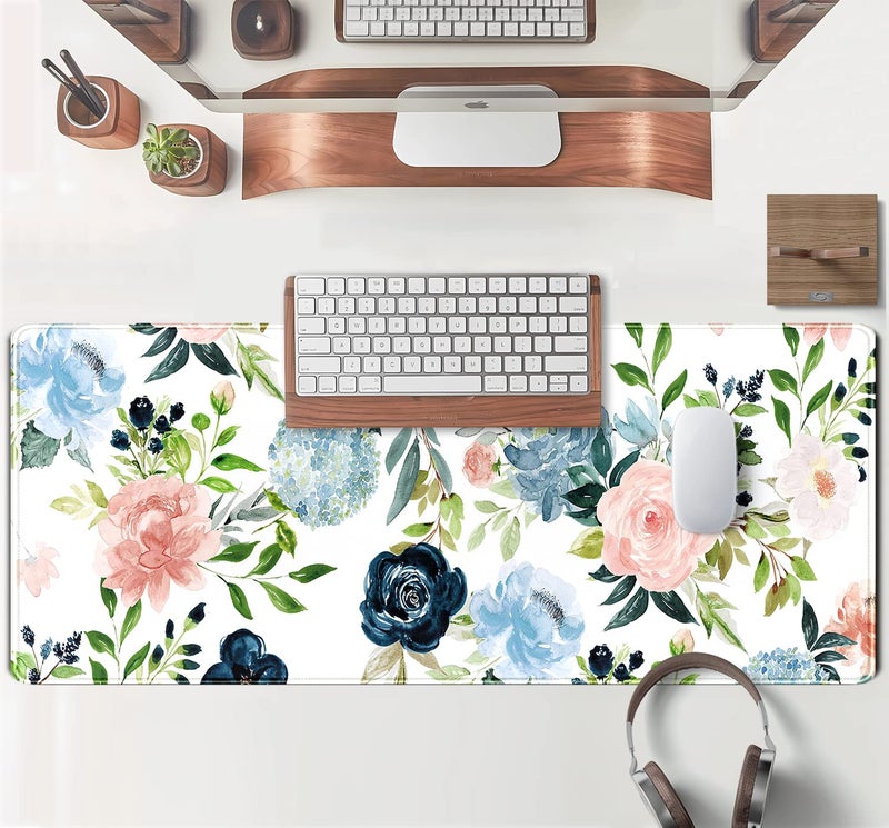 TENG DA QING Gaming Green Desk Mat Desk Mouse Pads Purple Blue Pink Floral Mouse Pad Large, XL Big Computer Keyboard Mouse Mat Desk Pad Mat with Stitched Edge for Women Home Office Decor Deskmat 31.5x11.8 in - Image 4