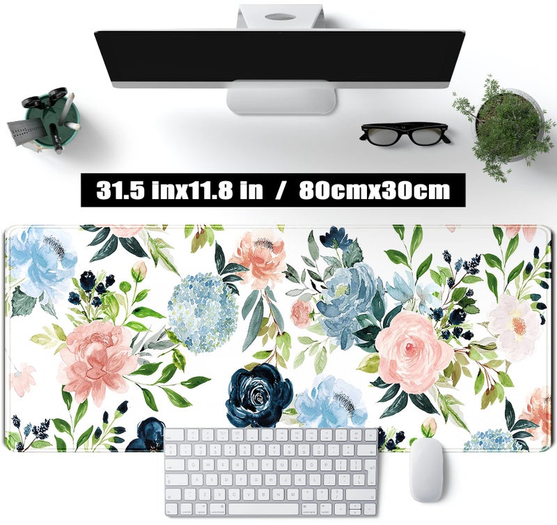 TENG DA QING Gaming Green Desk Mat Desk Mouse Pads Purple Blue Pink Floral Mouse Pad Large, XL Big Computer Keyboard Mouse Mat Desk Pad Mat with Stitched Edge for Women Home Office Decor Deskmat 31.5x11.8 in - Image 2