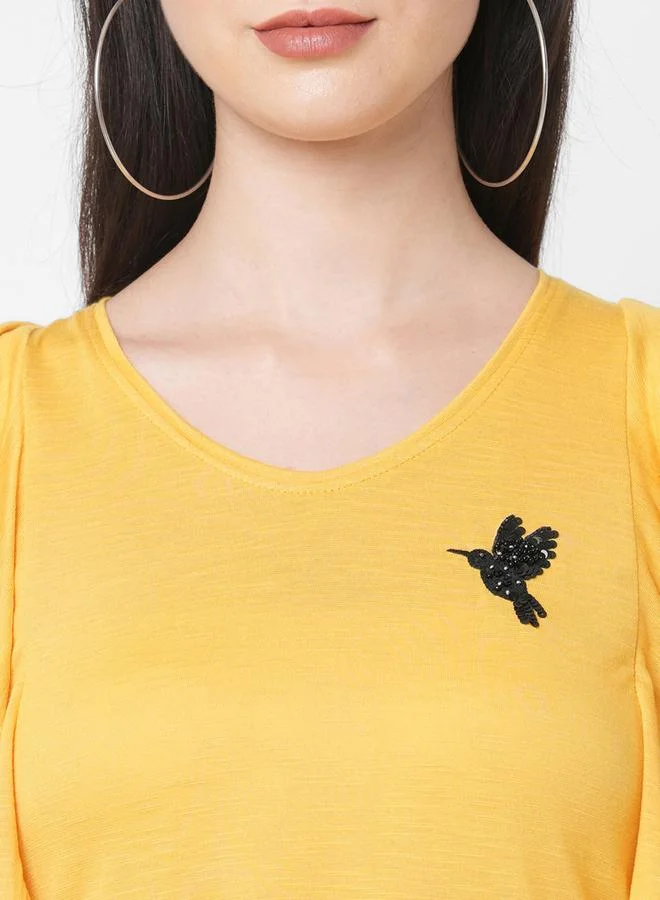Mish Mish Women Yellow Embellished Bird Detail Ruffled Sleeves T-Shirt