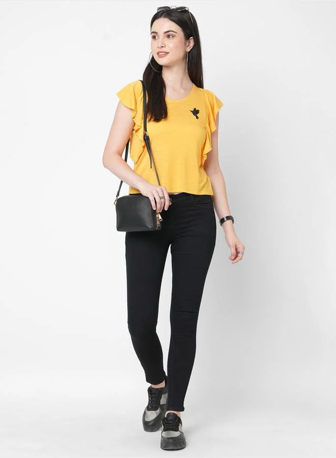 Mish Mish Women Yellow Embellished Bird Detail Ruffled Sleeves T-Shirt
