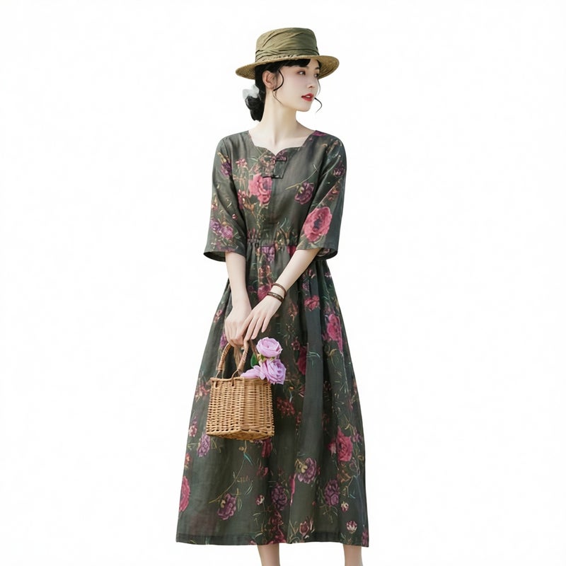 Vintage Floral Print Tie Waist Midi Dress Plus Size Linen - Image 2