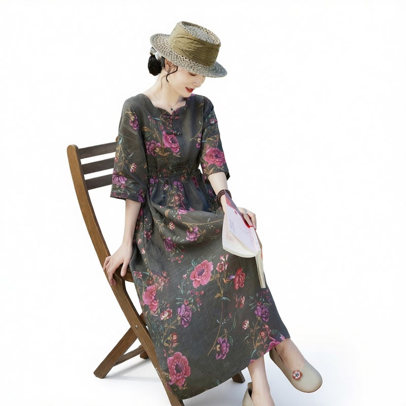 Vintage Floral Print Tie Waist Midi Dress Plus Size Linen - Image 1