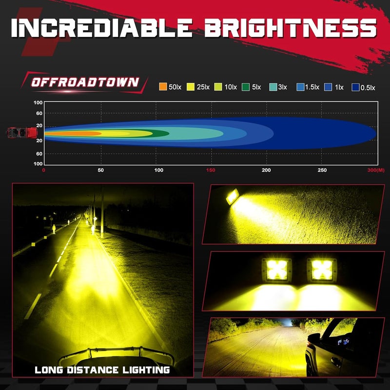 OFFROADTOWN LED Cubes 3" 100W CREE Yellow LED Pods with Wiring Harness & Cover Spot Beam Off Road Driving Ditch Lights Amber Fog Lights for Trucks UTV ATV SUV Motorcycle Boat - Image 4