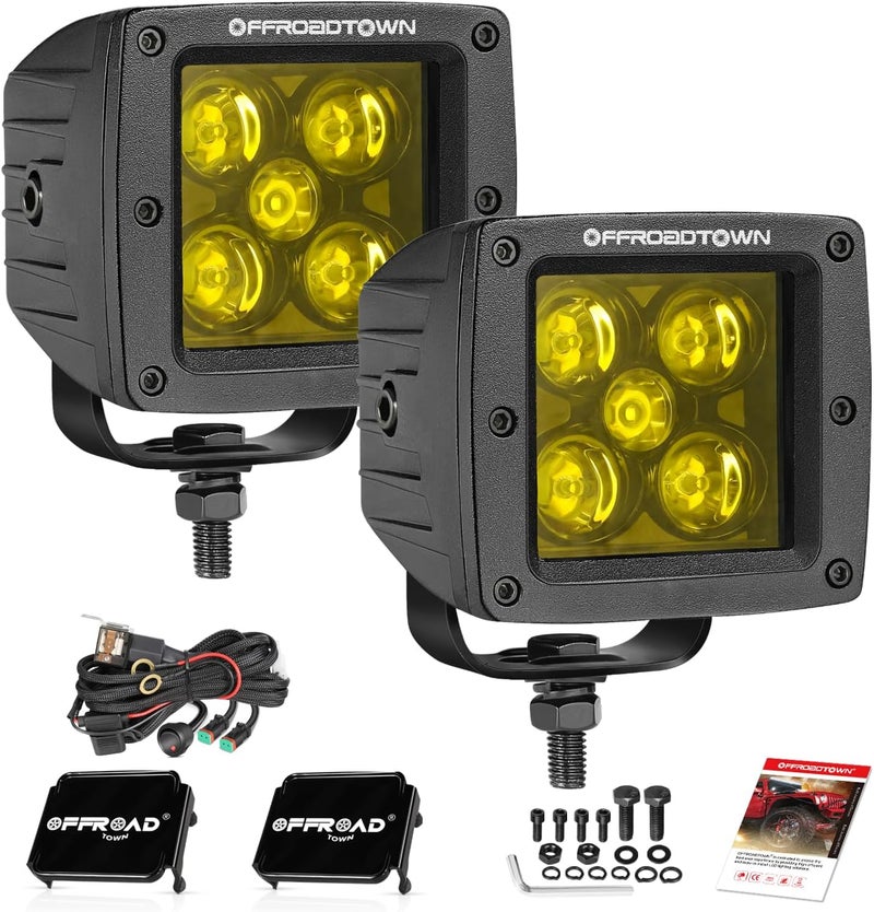 OFFROADTOWN LED Cubes 3" 100W CREE Yellow LED Pods with Wiring Harness & Cover Spot Beam Off Road Driving Ditch Lights Amber Fog Lights for Trucks UTV ATV SUV Motorcycle Boat - Image 1