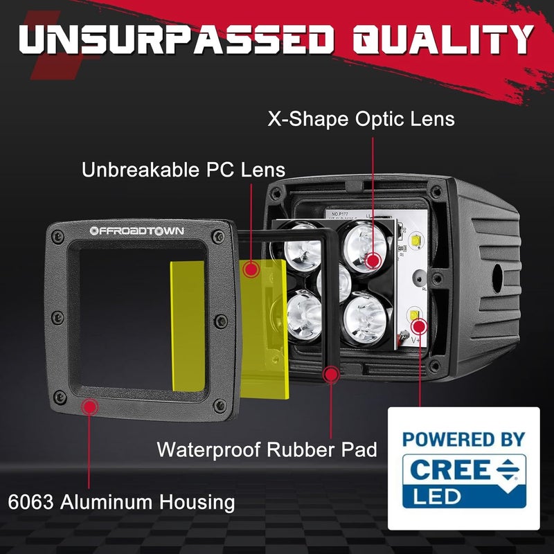 OFFROADTOWN LED Cubes 3" 100W CREE Yellow LED Pods with Wiring Harness & Cover Spot Beam Off Road Driving Ditch Lights Amber Fog Lights for Trucks UTV ATV SUV Motorcycle Boat - Image 3