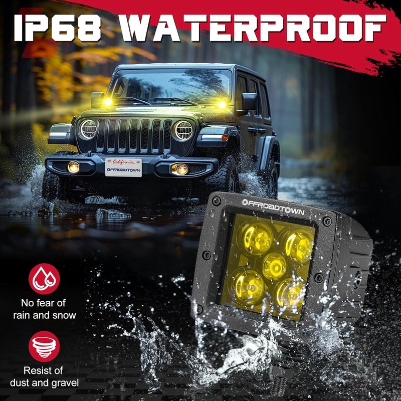 OFFROADTOWN LED Cubes 3" 100W CREE Yellow LED Pods with Wiring Harness & Cover Spot Beam Off Road Driving Ditch Lights Amber Fog Lights for Trucks UTV ATV SUV Motorcycle Boat - Image 5