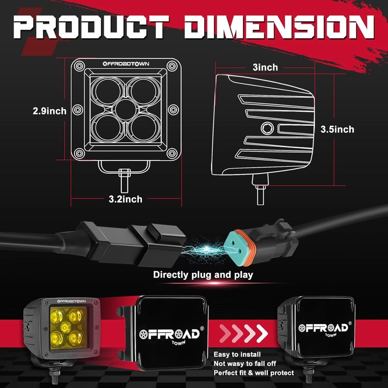 OFFROADTOWN LED Cubes 3" 100W CREE Yellow LED Pods with Wiring Harness & Cover Spot Beam Off Road Driving Ditch Lights Amber Fog Lights for Trucks UTV ATV SUV Motorcycle Boat - Image 2