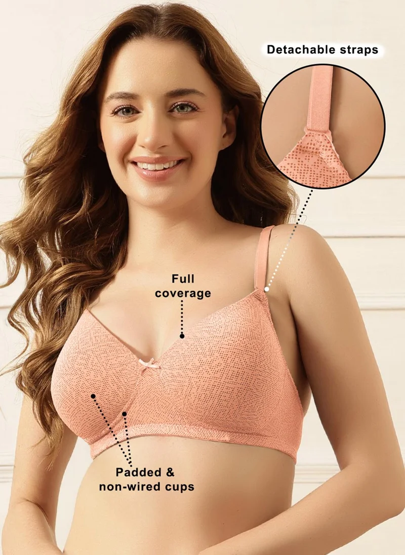 كلوفيا Clovia Padded Non-Wired Full Coverage Geometric Print Multiway T-shirt Bra in Peach Colour