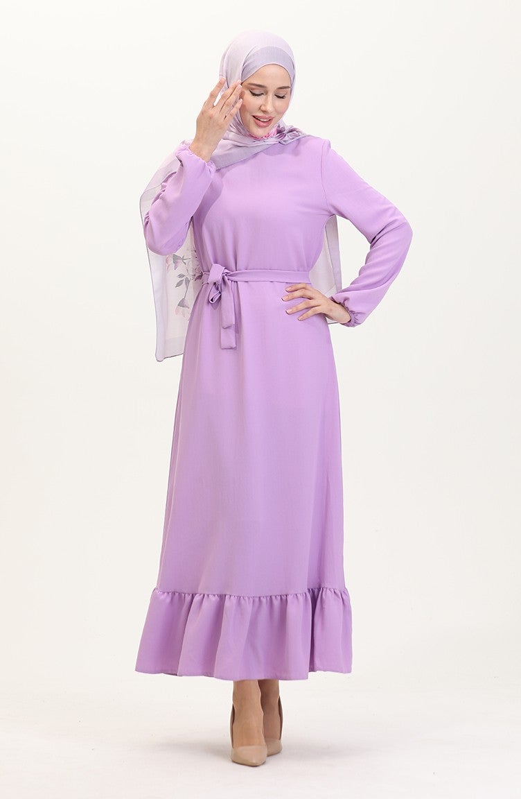 Sefa Merve Elasticated Sleeve Belted Dress 1015-07 Lilac - Image 2