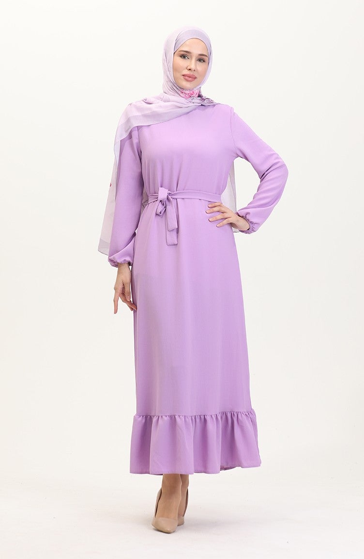 Sefa Merve Elasticated Sleeve Belted Dress 1015-07 Lilac - Image 1