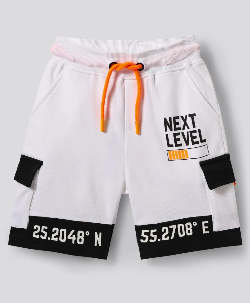 Primo Gino Primo Gino 100% Cotton Knit Knee Length Shorts With Cargo Pockets Text Print- White & Black