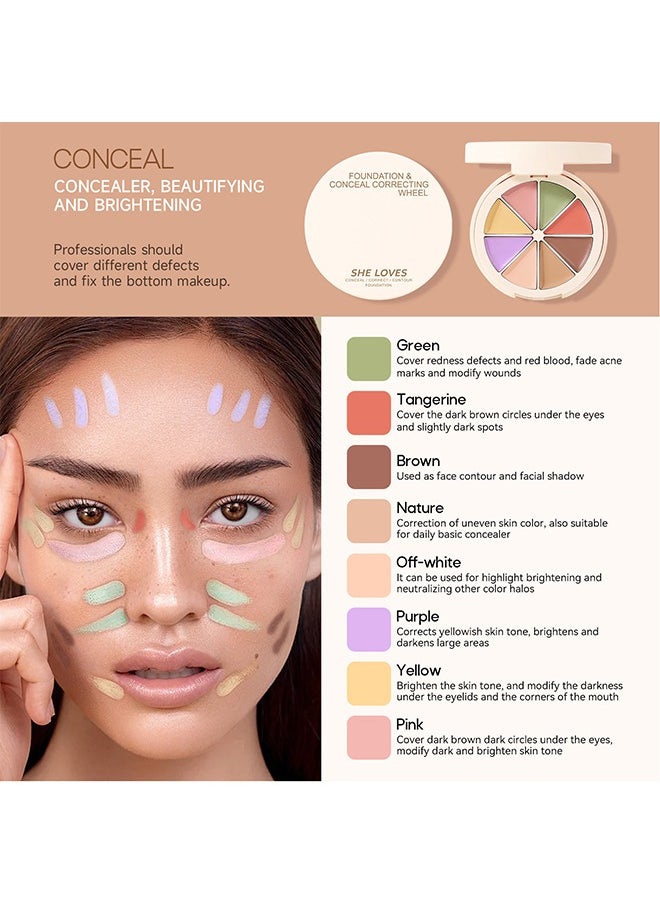 Sheloves - 8 Color Foundation And Conceal Correcting Wheel, 3 In 1 Dual Layers Makeup Cream Foundation Palette, Full Coverage Concealer For Dark Circles, Flawless And Waterproof Color Correcting For Dry Skin - Image 1