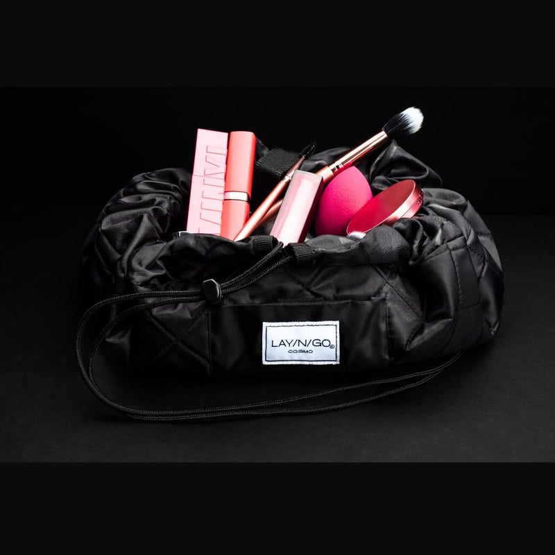 Lay-n-Go Cosmo Layflat Drawstring Cosmetic & Makeup Bag Organizer - Portable Drawstring Bag w/Zipper Pocket, Makeup Loops & More - Durable, Machine Washable Toiletry Bag for Travel (20", Black) - Image 2