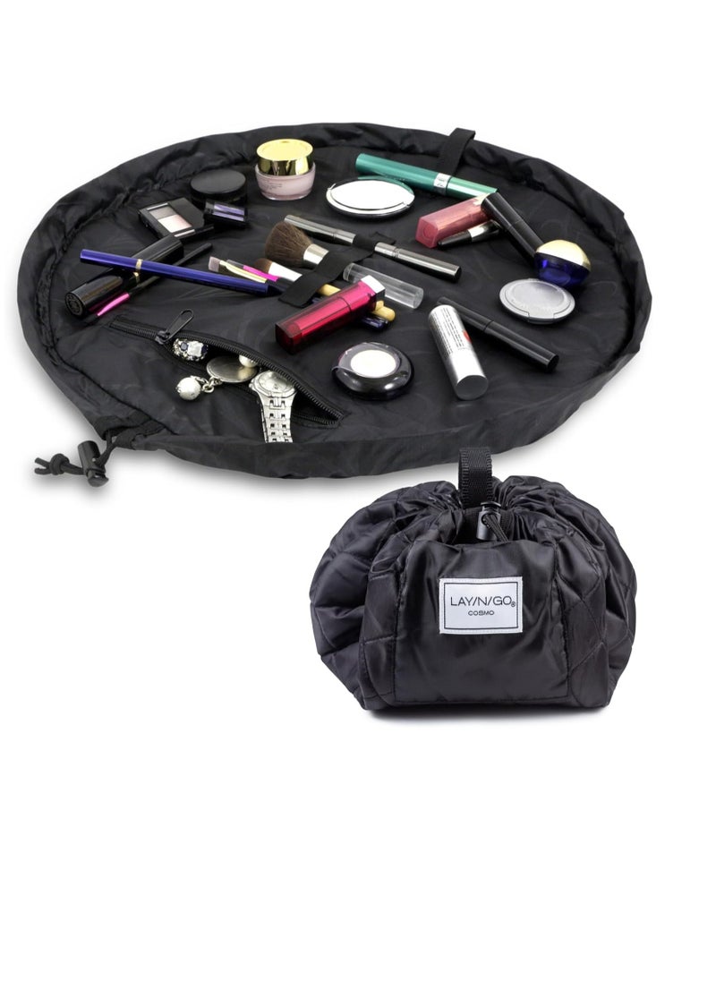 Lay-n-Go Lay-n-Go Cosmo Drawstring Cosmetic & Makeup Bag Organizer - Portable Drawstring Makeup Bag w/Zipper Pocket, Makeup Loops & More - Durable, Machine Washable Makeup Bag for Travel (20”, Black)  - Image 1