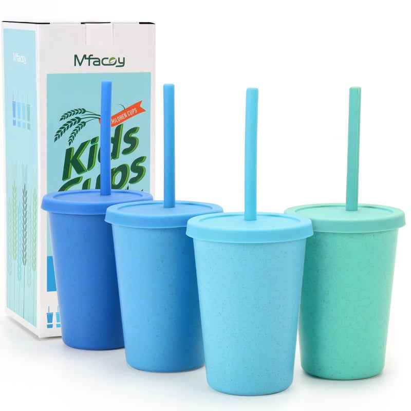 Mfacoy 4 Pack Wheat Straw Cups with Lid and Straws, 10 oz Unbreakable Kids Cups, Reusable Drinking Cups, Small Water Cups, Colourful Tumbler Cups for Kitchen, BPA Free, Dishwasher & Microwave Safe - Image 1