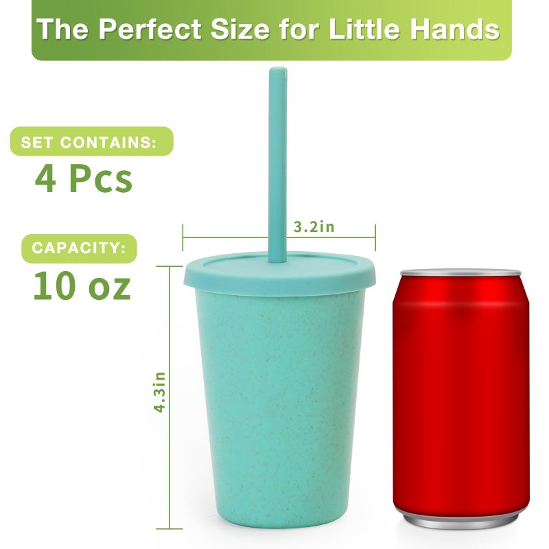 Mfacoy 4 Pack Wheat Straw Cups with Lid and Straws, 10 oz Unbreakable Kids Cups, Reusable Drinking Cups, Small Water Cups, Colourful Tumbler Cups for Kitchen, BPA Free, Dishwasher & Microwave Safe - Image 5