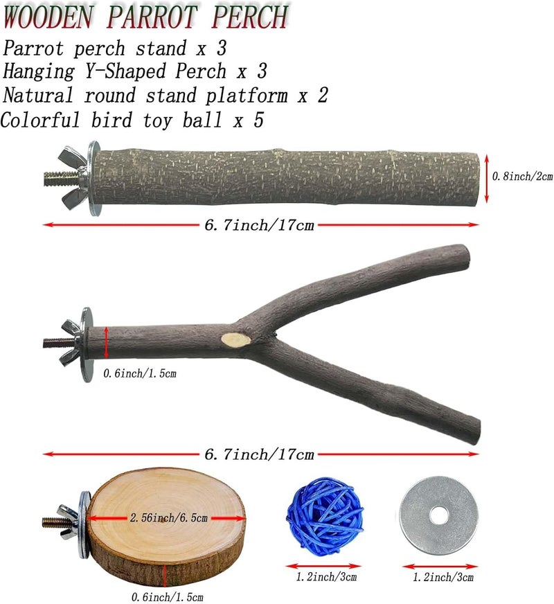 Xxmbbjy 8 PCS Natural Wood Bird Perches Stand for Cage, 5 PCS Parrot Rattan Balls, Wooden Hanging Multi-Branch Perches Platform, Hammock Swing Toy for Parakeets, Budgies, Cockatiels, Conures, Macaws (13 PCS) - Image 2