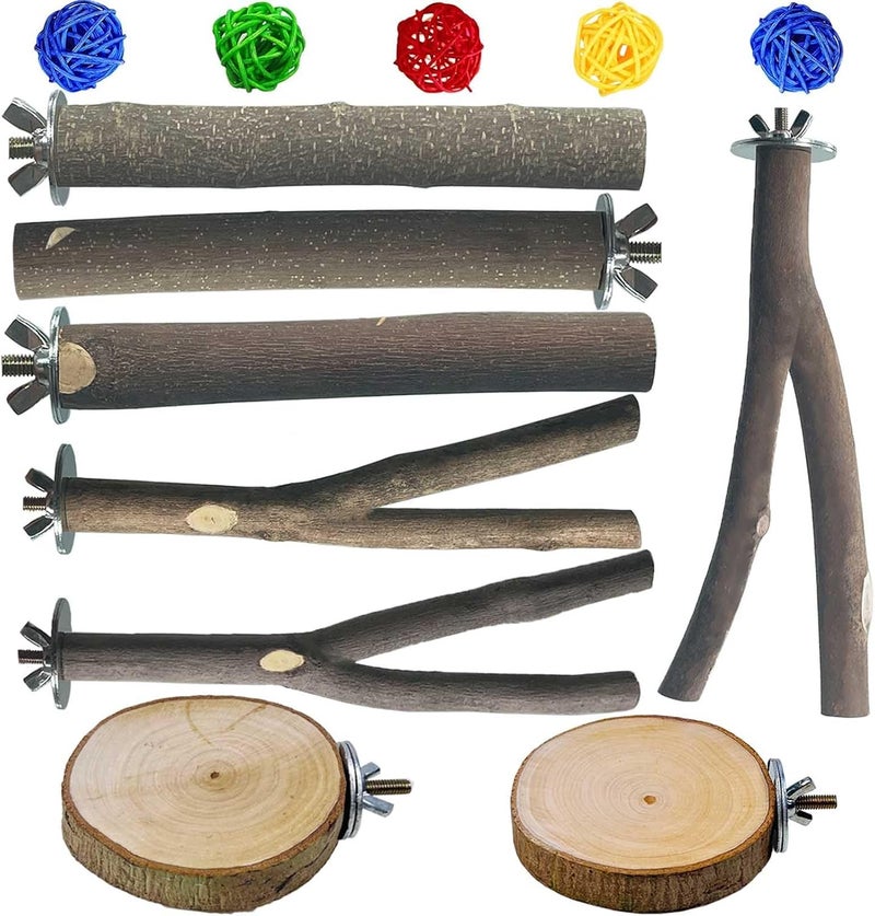 Xxmbbjy 8 PCS Natural Wood Bird Perches Stand for Cage, 5 PCS Parrot Rattan Balls, Wooden Hanging Multi-Branch Perches Platform, Hammock Swing Toy for Parakeets, Budgies, Cockatiels, Conures, Macaws (13 PCS) - Image 1