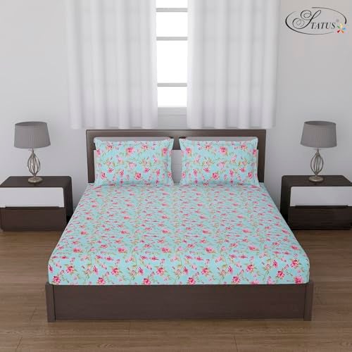 Status Contract Status Cotton Rich Double Bedsheet 2 Pillow Covers 120 GSM (Turq/Green/Pink) - Image 1