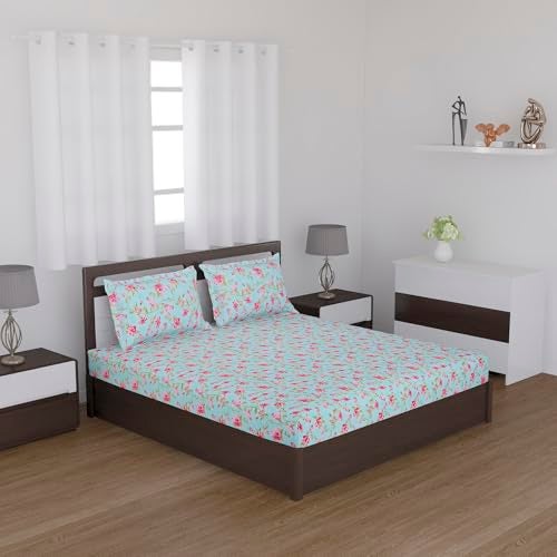 Status Contract Status Cotton Rich Double Bedsheet 2 Pillow Covers 120 GSM (Turq/Green/Pink) - Image 2