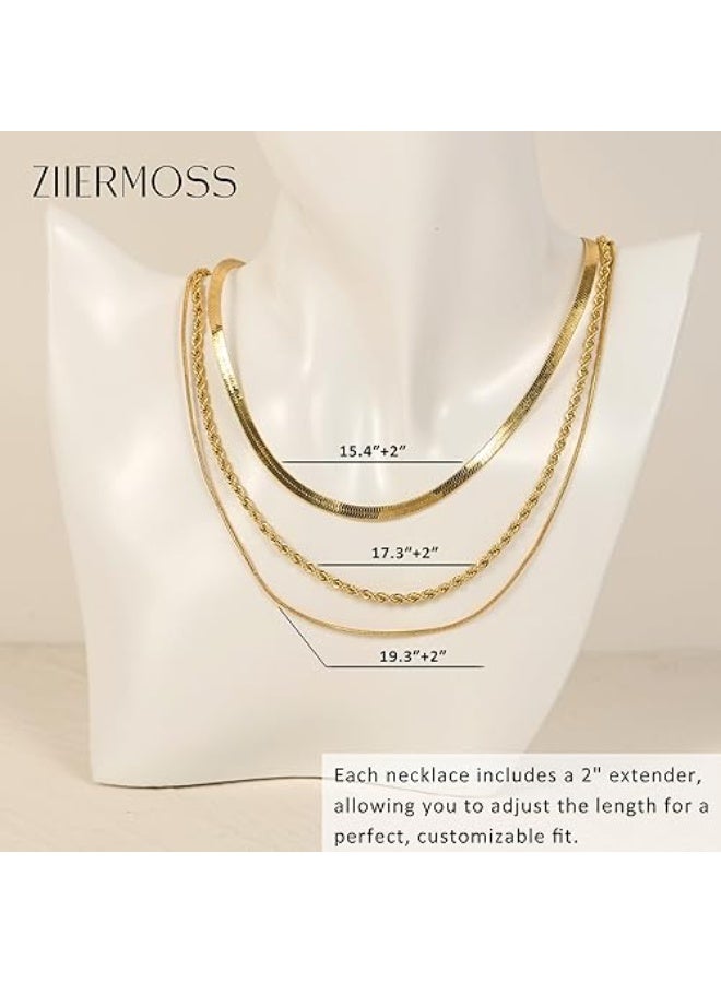 Three gold necklaces for women, thick gold-plated necklace, multi-layered braided rope chains with a zigzag design for women, elegant and fashionable chains, great jewelry gifts - Image 1