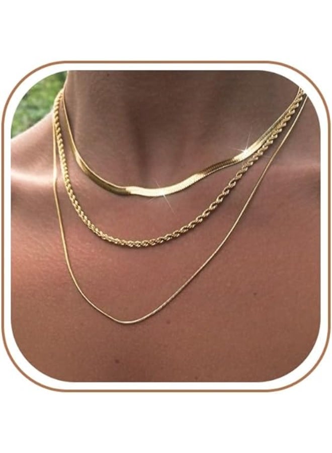 Three gold necklaces for women, thick gold-plated necklace, multi-layered braided rope chains with a zigzag design for women, elegant and fashionable chains, great jewelry gifts - Image 3