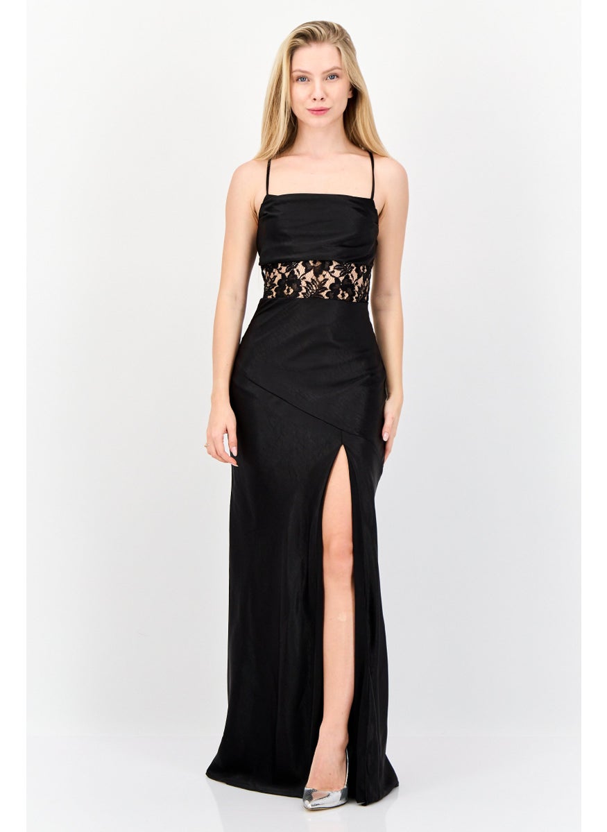 Lulus Women Satin Lace Lace-Up Maxi Dress, Black  - Image 1