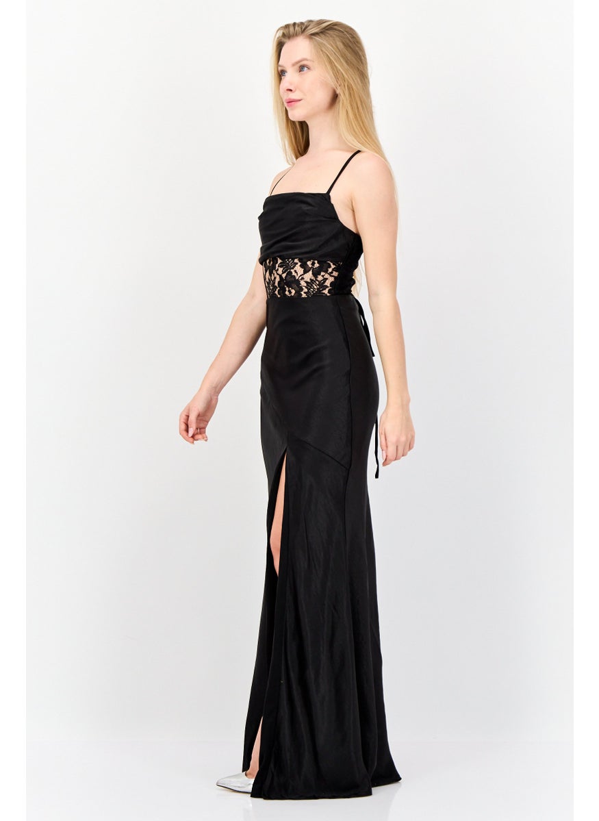 Lulus Women Satin Lace Lace-Up Maxi Dress, Black  - Image 2