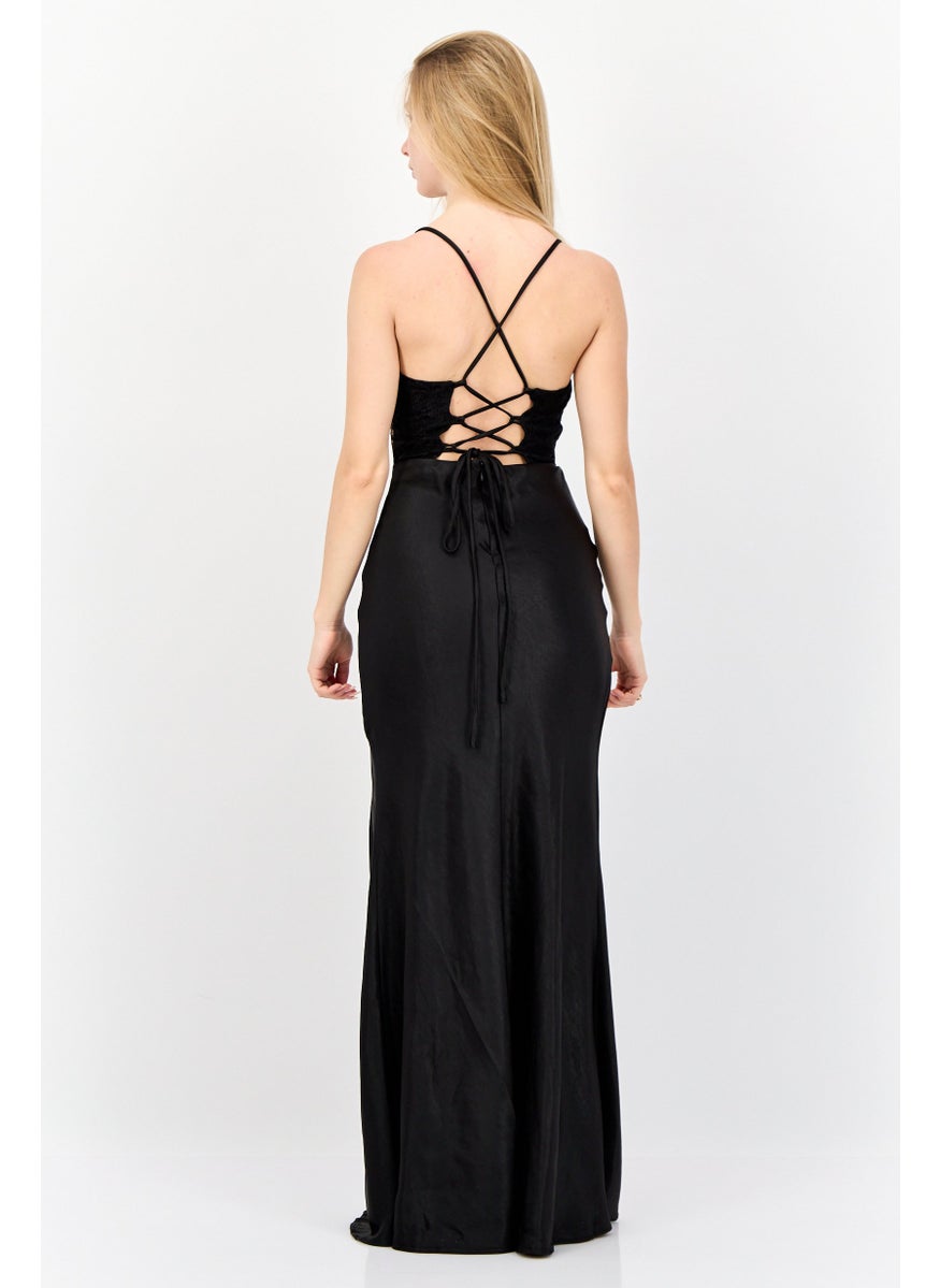 Lulus Women Satin Lace Lace-Up Maxi Dress, Black  - Image 3