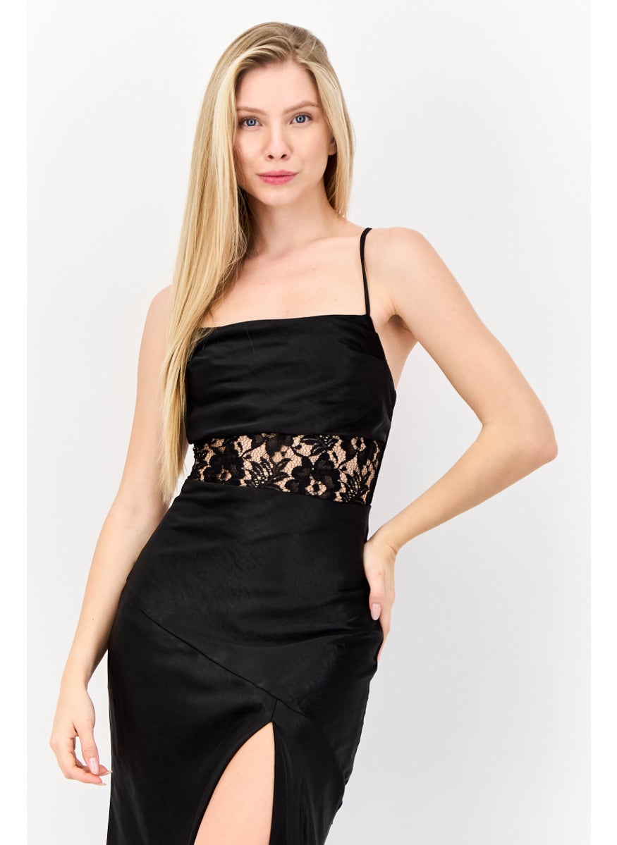 Lulus Women Satin Lace Lace-Up Maxi Dress, Black  - Image 4