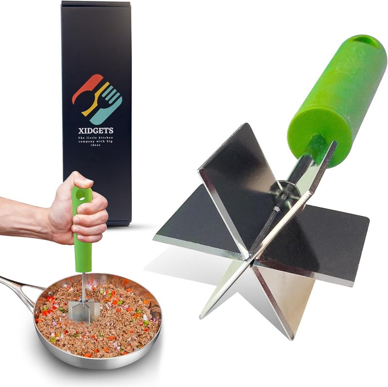 Xidgets Stainless Steel Meat Masher and Tenderizer with Soft Grip Handle – Heavy Duty Handle & Mashing Head for Ground Beef, Meat, and More – Dishwasher Safe (Zippy Green) - Image 1