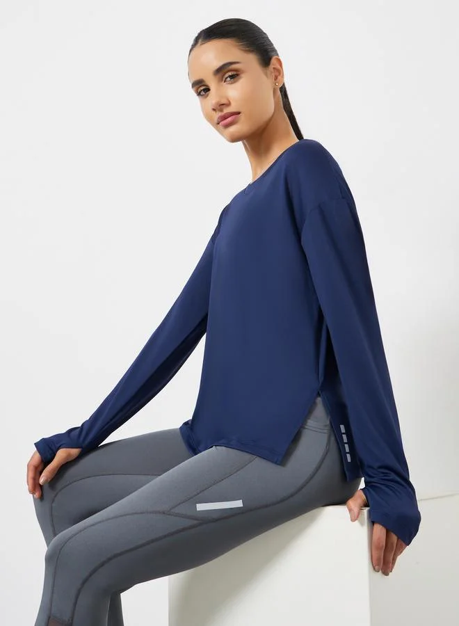 Styli Active Side Slit Dotted Reflective Stripe Thumbhole Long Sleeve Top