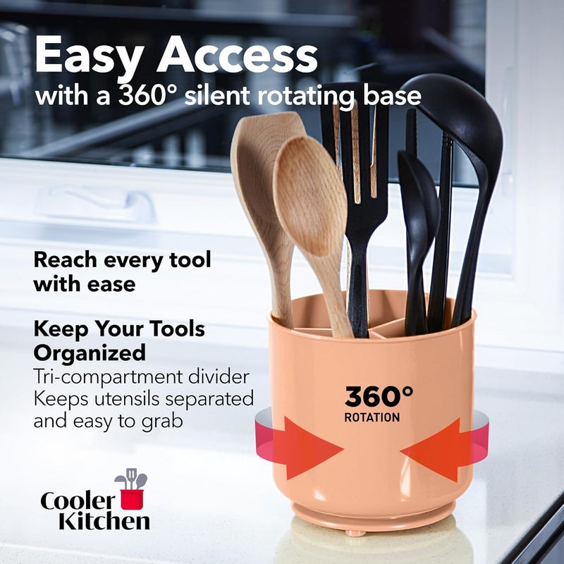 Cooler Kitchen Rotating Extra Large Peach Plastic Utensil Holder Caddy with Sturdy No-Tip Weighted Base, Removable Divider, and Gripped Insert - Dishwasher Safe Kitchen Utensil Holder for Countertop - Image 2
