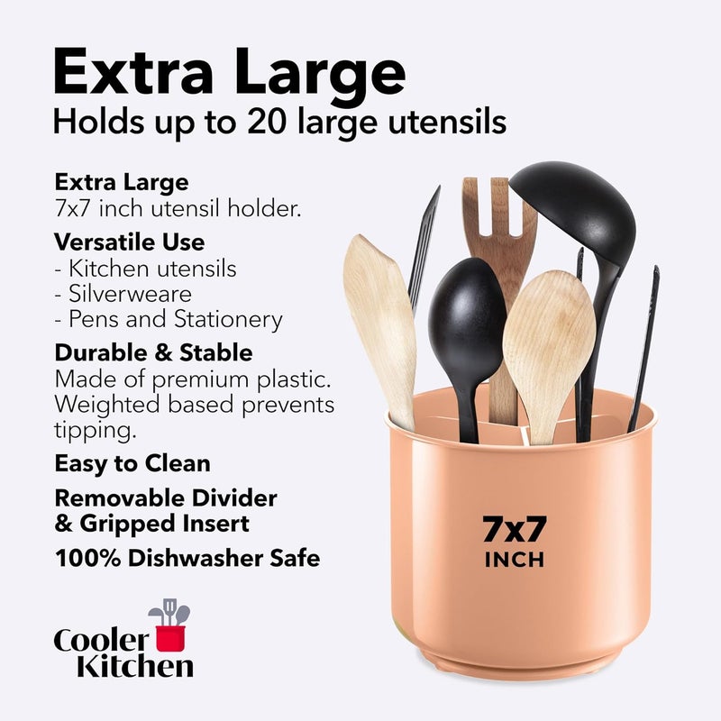 Cooler Kitchen Rotating Extra Large Peach Plastic Utensil Holder Caddy with Sturdy No-Tip Weighted Base, Removable Divider, and Gripped Insert - Dishwasher Safe Kitchen Utensil Holder for Countertop - Image 5