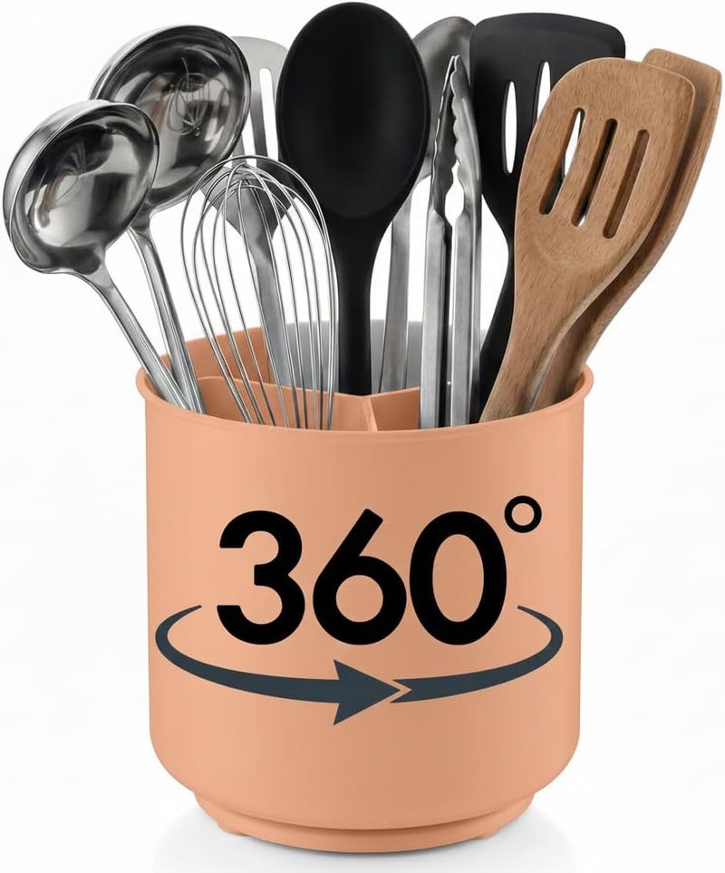 Cooler Kitchen Rotating Extra Large Peach Plastic Utensil Holder Caddy with Sturdy No-Tip Weighted Base, Removable Divider, and Gripped Insert - Dishwasher Safe Kitchen Utensil Holder for Countertop - Image 1