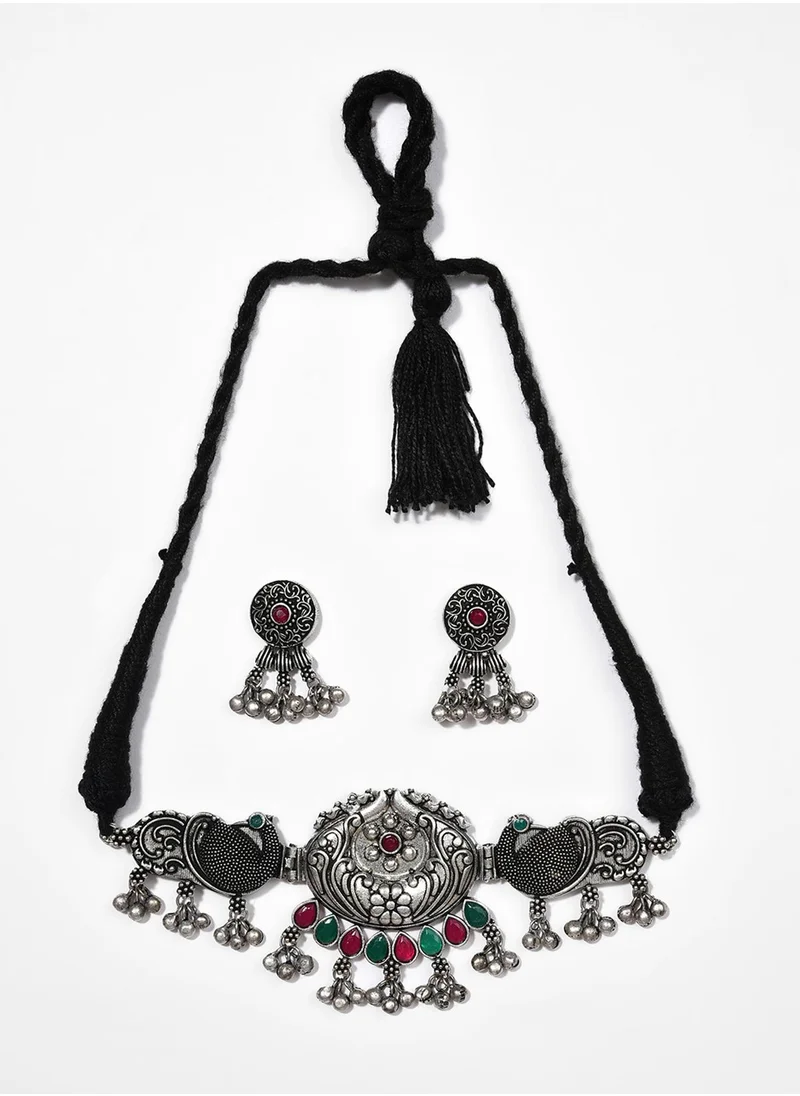 SOHI Stone-Studded & Beaded Oxidised Necklace & Earrings Set