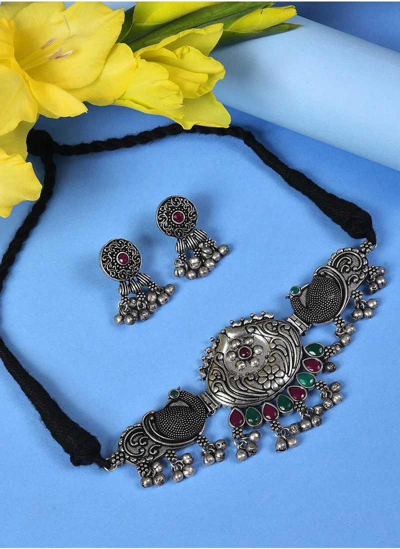 SOHI Stone-Studded & Beaded Oxidised Necklace & Earrings Set