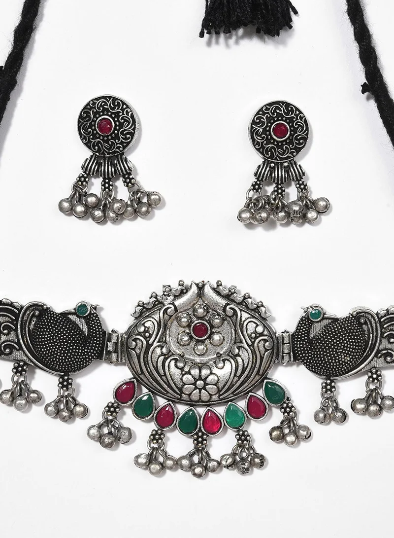 SOHI Stone-Studded & Beaded Oxidised Artificial Jewellery Set