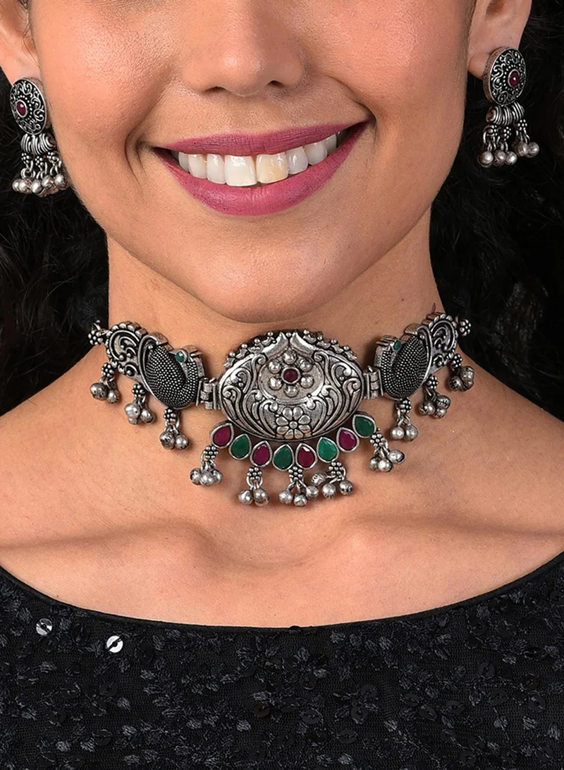 SOHI Stone-Studded & Beaded Oxidised Artificial Jewellery Set