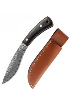 4Cr13 Stainless Steel Damascus Pattern Knife with Leather Case