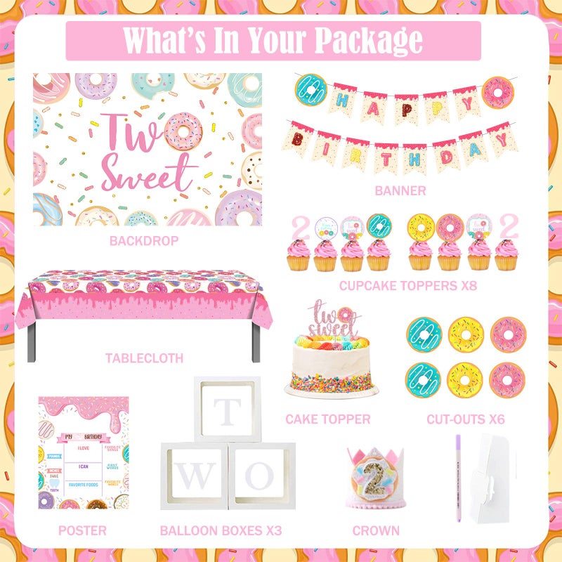 Fiesec 134 PCs Two Sweet Party Decorations  Fiesec Donut Second Birthday Party Decorations Includes Latex  Foil Balloons Backdrop Banner Cake  Cupcake Toppers Tableware  More - Image 3