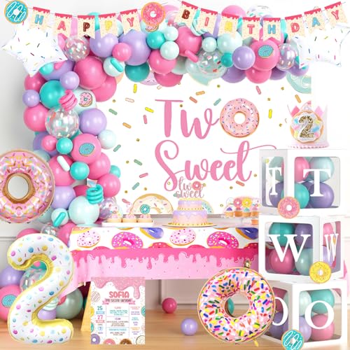 Fiesec 134 PCs Two Sweet Party Decorations  Fiesec Donut Second Birthday Party Decorations Includes Latex  Foil Balloons Backdrop Banner Cake  Cupcake Toppers Tableware  More - Image 1