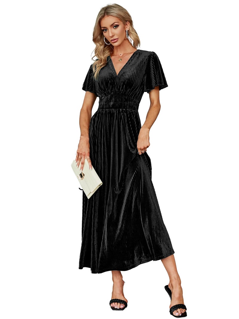 Simplee Apparel Simplee Womenâ€™s Short Sleeve Velvet Maxi Dress V Neck Formal Dress(S Black) - Image 1