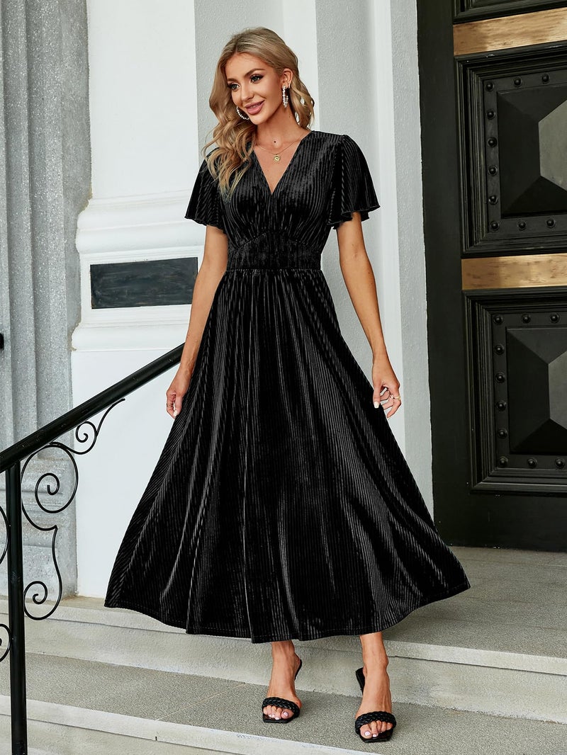 Simplee Apparel Simplee Womenâ€™s Short Sleeve Velvet Maxi Dress V Neck Formal Dress(S Black) - Image 4