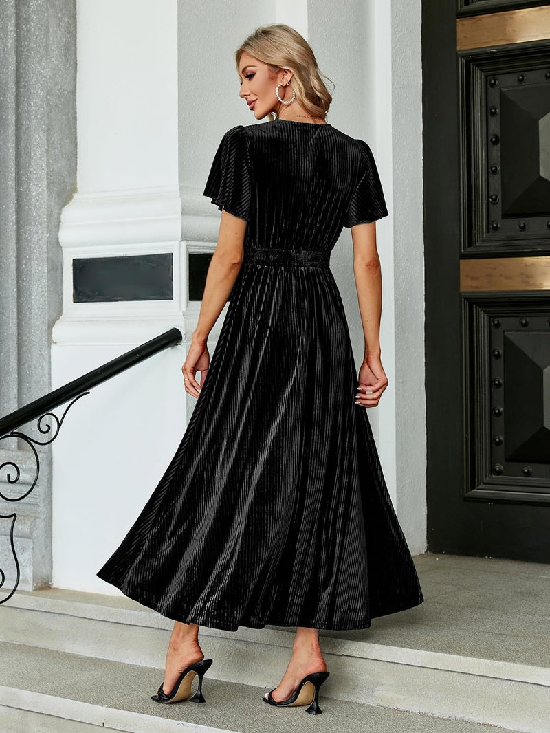 Simplee Apparel Simplee Womenâ€™s Short Sleeve Velvet Maxi Dress V Neck Formal Dress(S Black) - Image 5