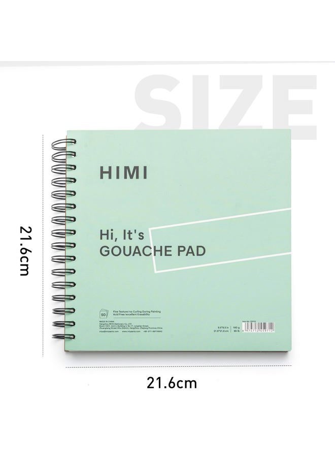 HIMI دفتر غواش 8.5X8.5''(98lb/160g) 50 ورقة دفتر ورق مختلط، مربوط من الجانب، نسيج ناعم، في دفتر فن الغواش الأكريليكي للرسم، دفتر رسم بالحبر، لوازم الفن هدية دفتر الرسم (أخضر) - Image 4