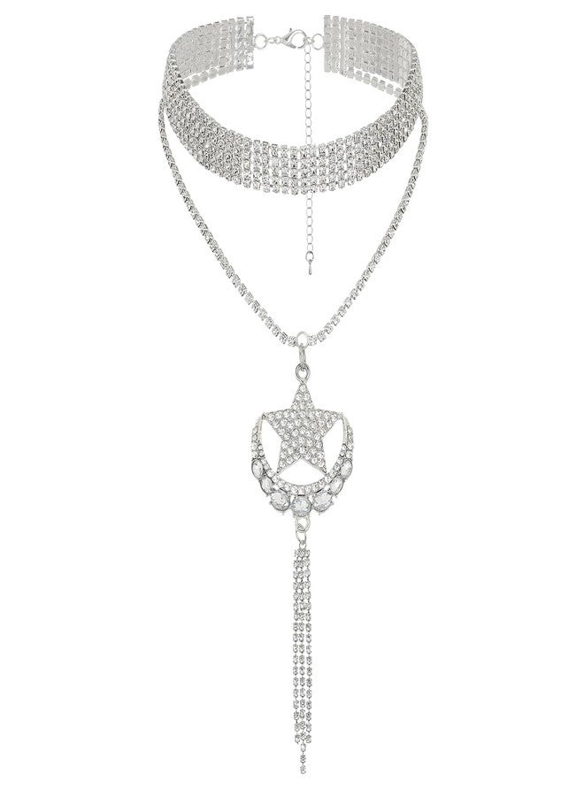 ELABEST Long Rhinestone Choker Necklace Layered Y Moon Necklaces Star Tassel Pendant Chain for Women (Silver-moon star A) - Image 1